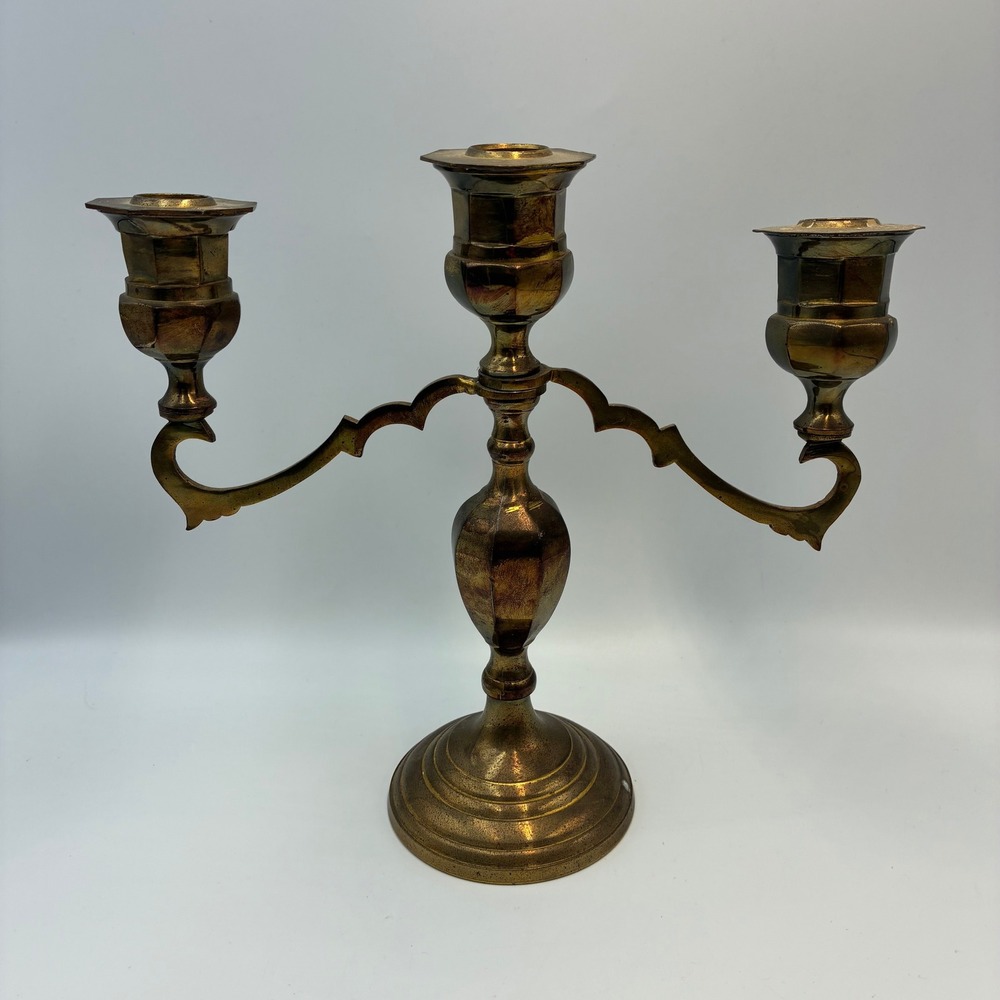 Vintage Brass 3 Arm Candelabra Taper Candle Holder Octagonal Cups Aged Patina